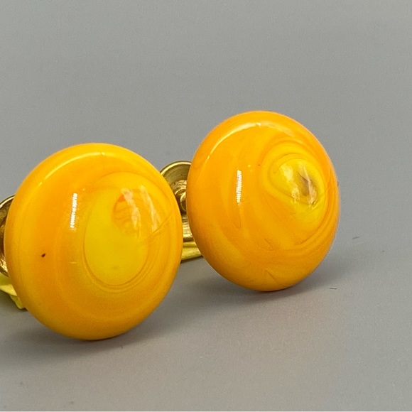 Vintage Art Glass Cuff Links Orange Yellow Swirls Handmade Blown Glass - Picture 2 of 15